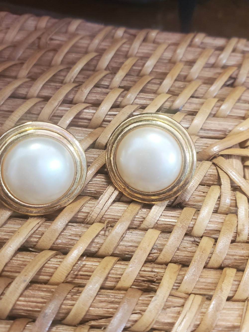 Liz Claiborne Classic Gold Pearl Button Earrings - Faux Pearl Studs